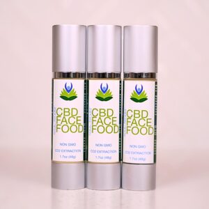 Three bottles of cbd face food on a table.