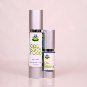 A bottle of cbd oil and a roll on.